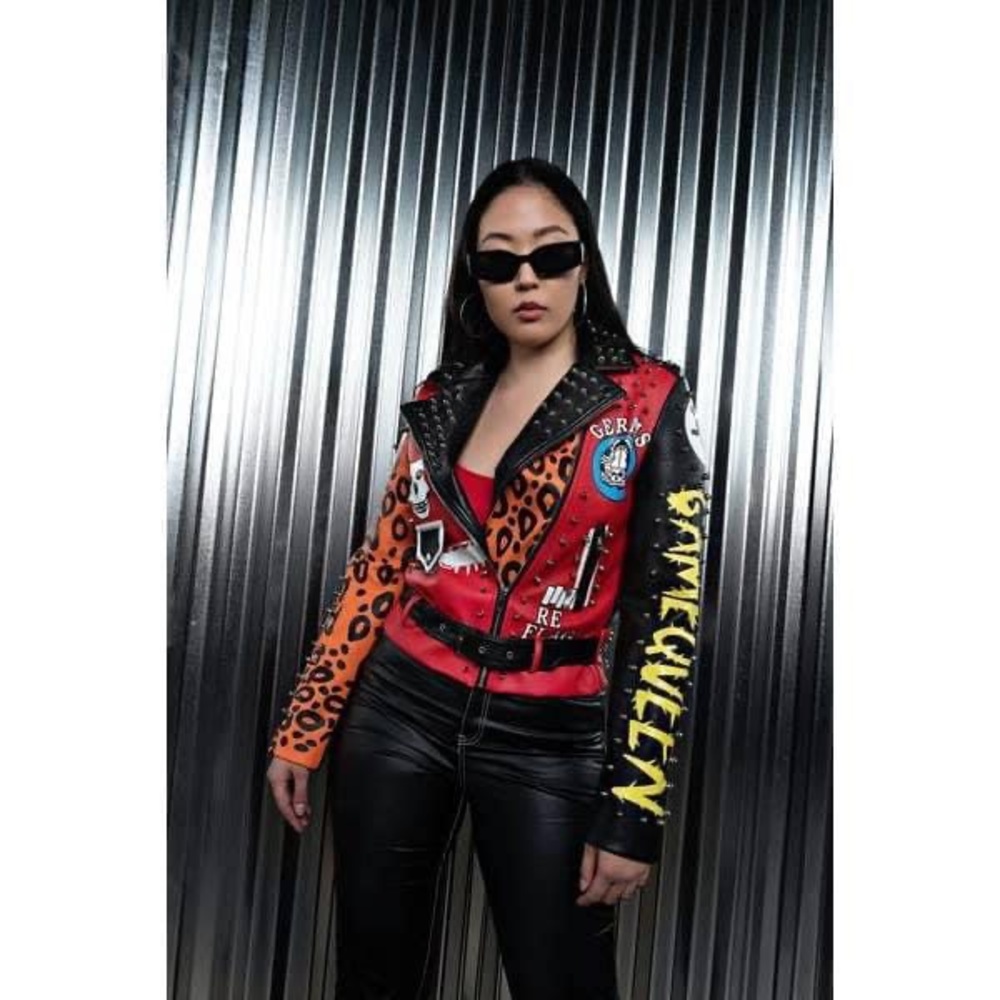 Studded red, orange, and black animal print sleeve jacket